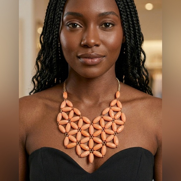 J. Crew Jewelry - J. Crew Necklace, Orange-Pink Acrylic Bead Necklace, Gold Tone Chain